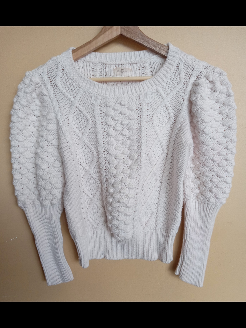 sundays One Cream Cable-Knit Crewneck with Bobble Puff Sleeves